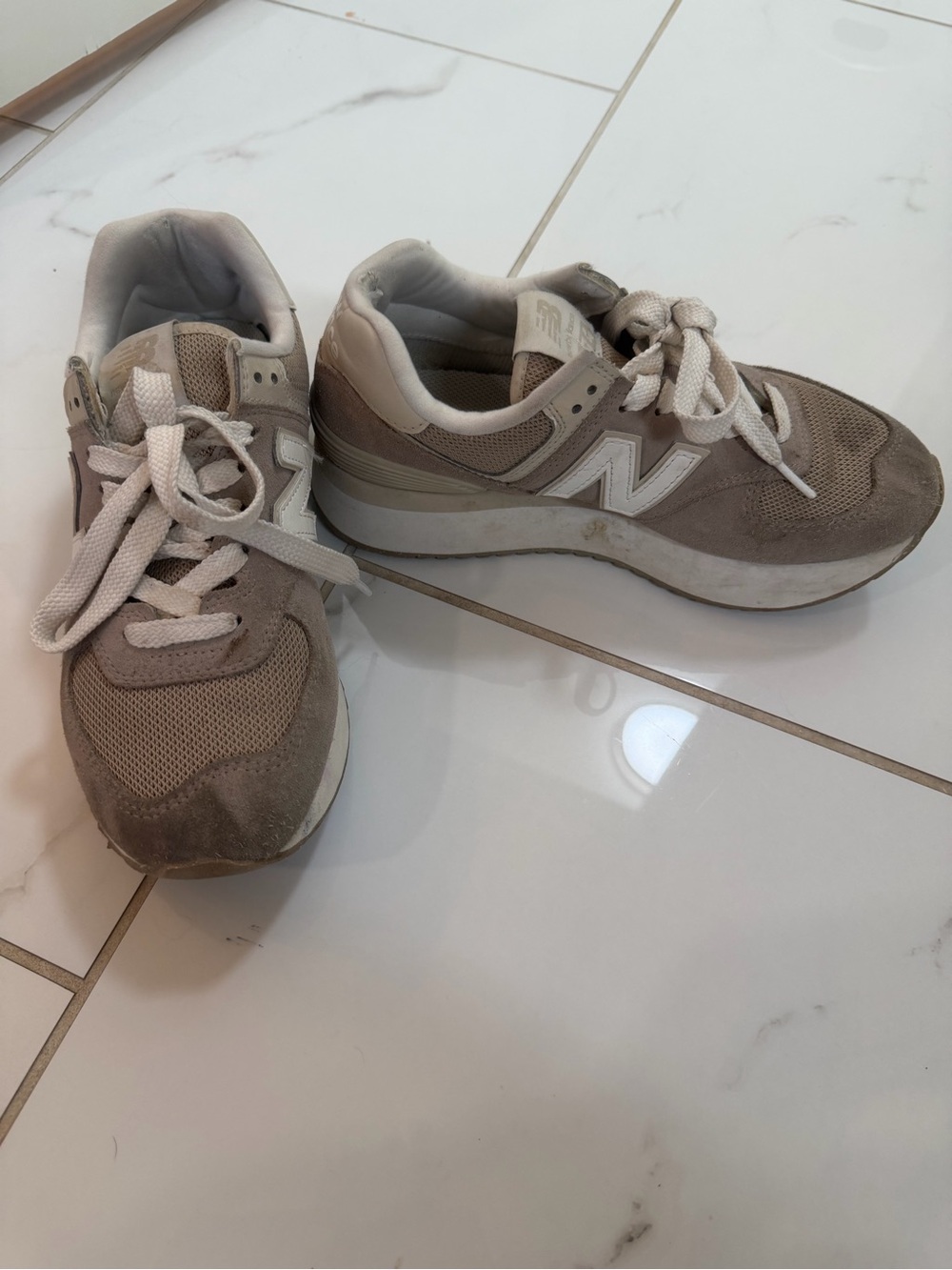 New Balance Beige and White Lace-Up Sneakers